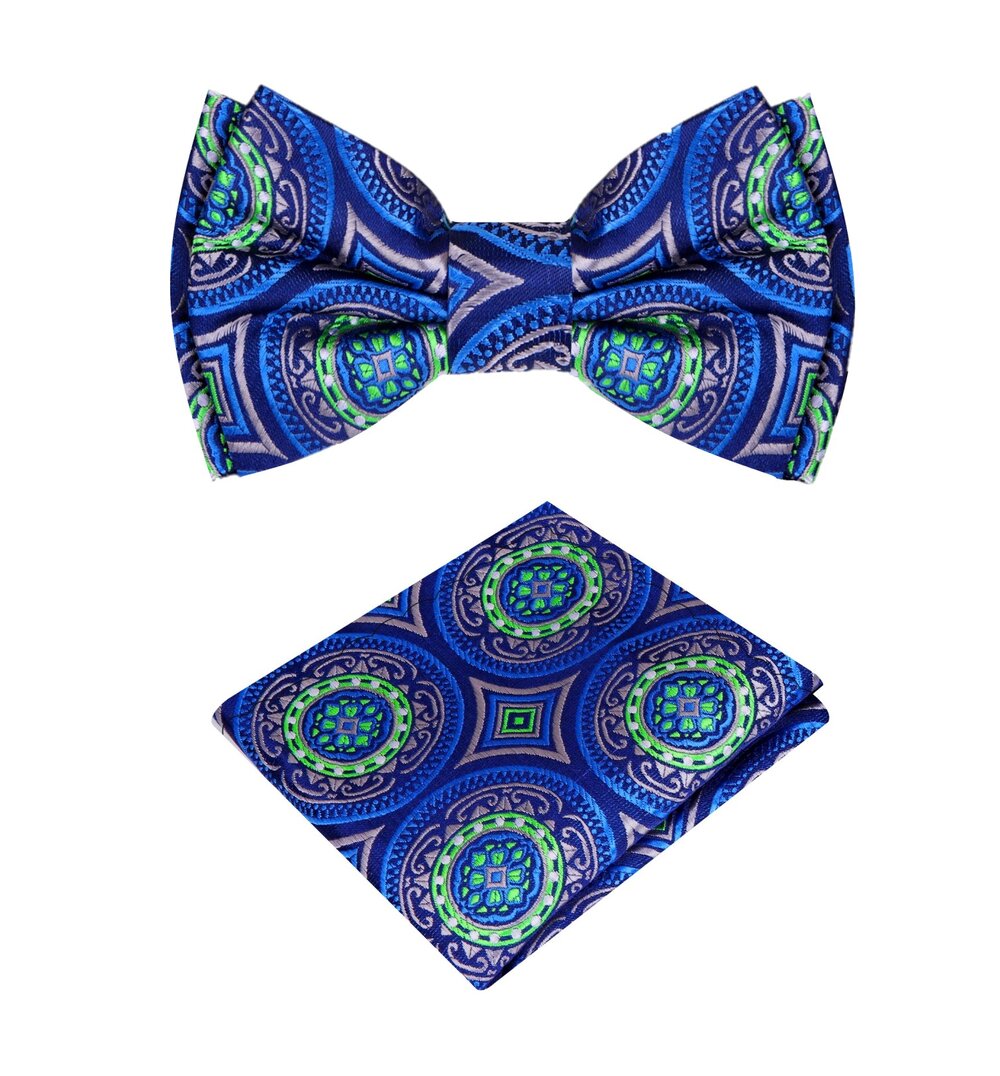 Green, Blue, Grey Geometric Shapes Bow Tie And Pocket Square||Green, Blue, Grey