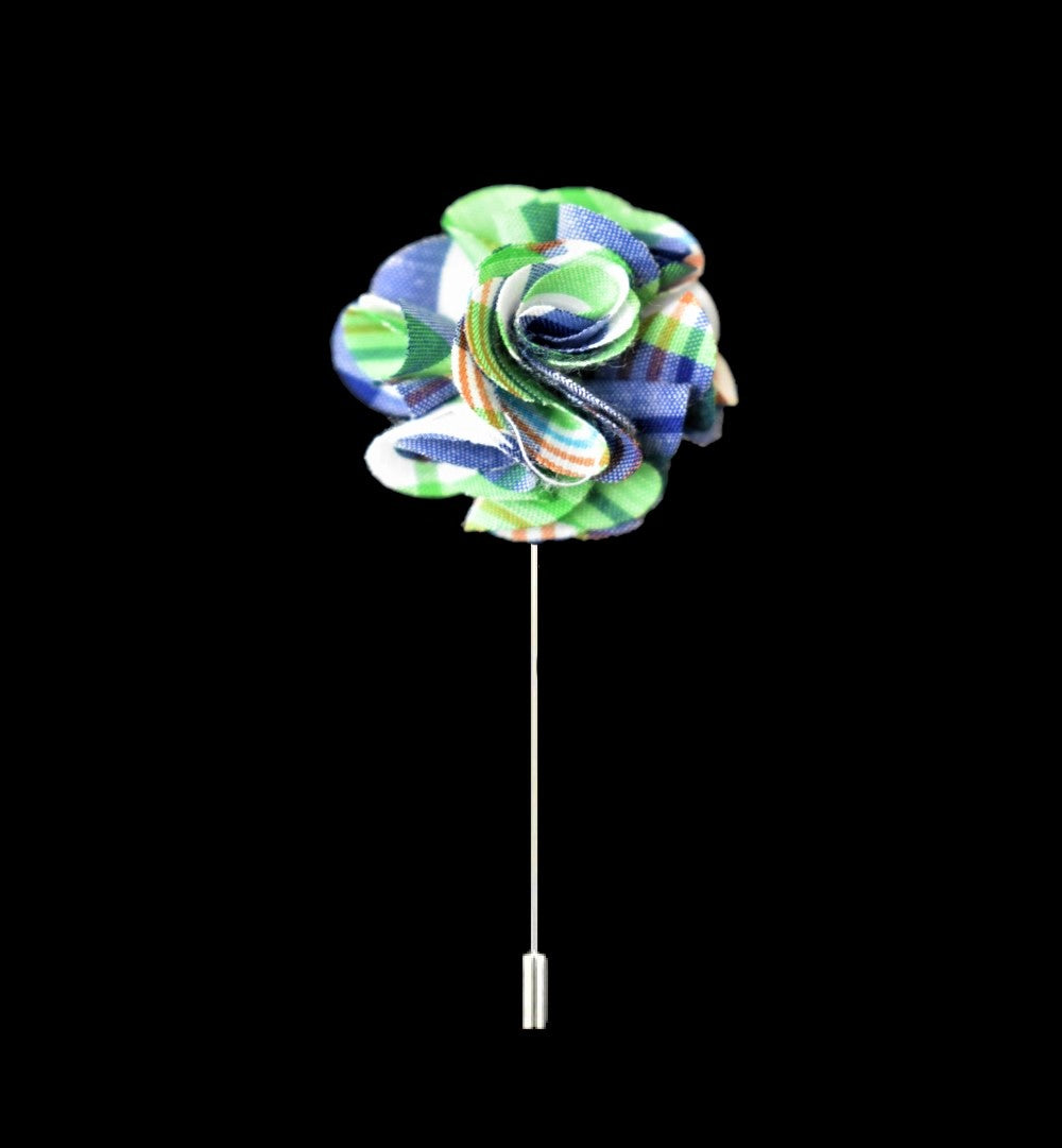 A Blue, Green Plaid Colored Leafy Petal Flower Shaped Lapel Pin||Blue, Green