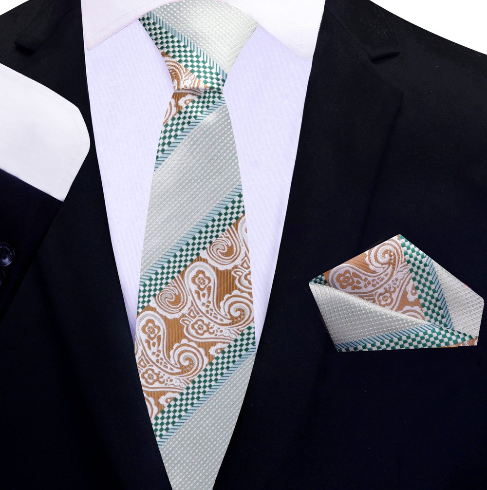 Green, Brown Paisley and Check Thin Tie and Pocket Square