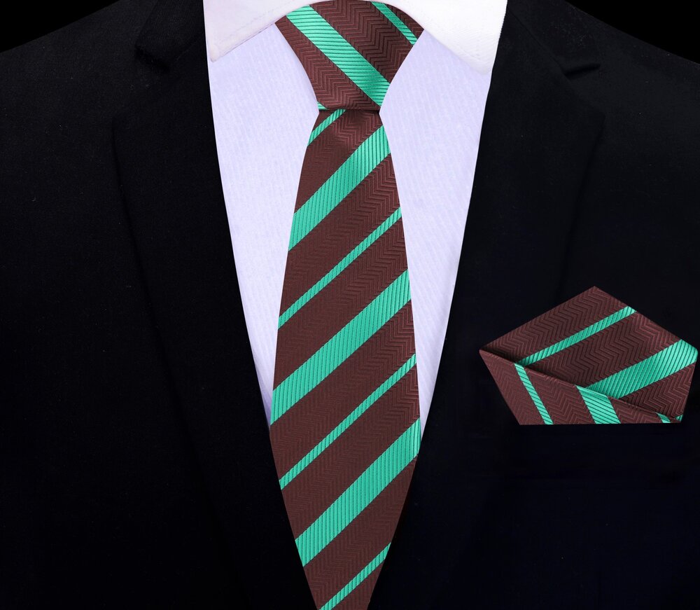 Brown, Mint Green Stripe Silk Thin Tie
