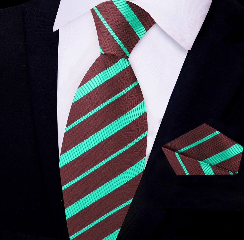 Brown, Mint Green Stripe Silk Tie and Pocket Square
