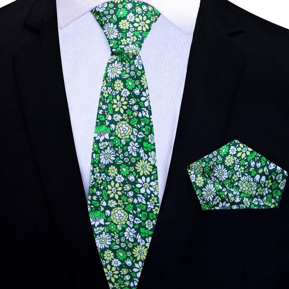 Shades of Green Thin Tie and Pocket Square||Green