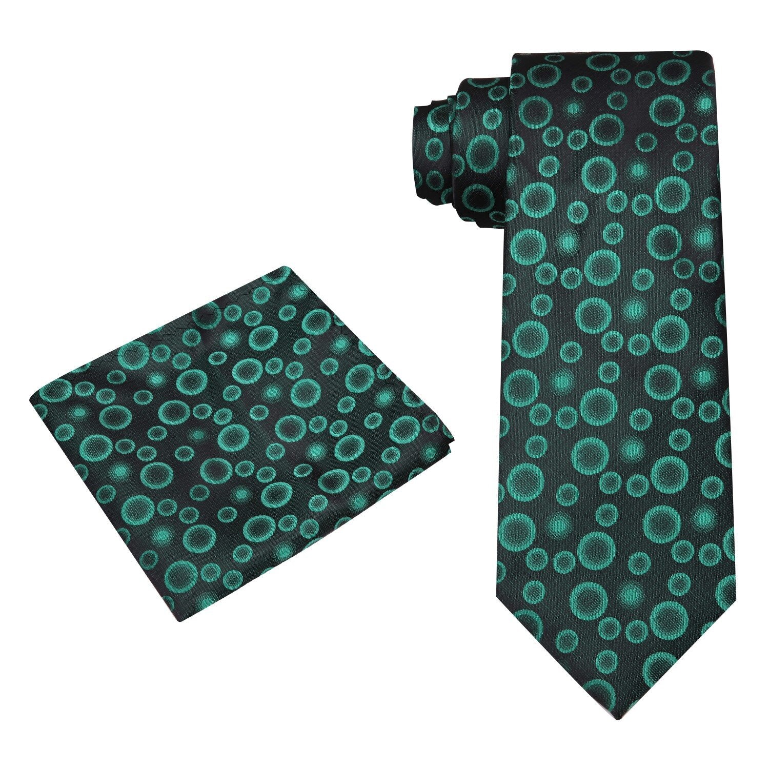 Alt View: A Dark Green Polka Dot Pattern Silk Necktie, Matching Pocket Square