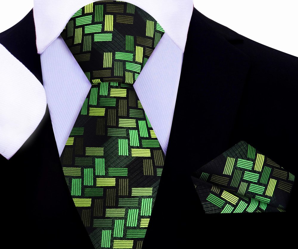 Shades of Green Blocks Tie and Pocket Square
