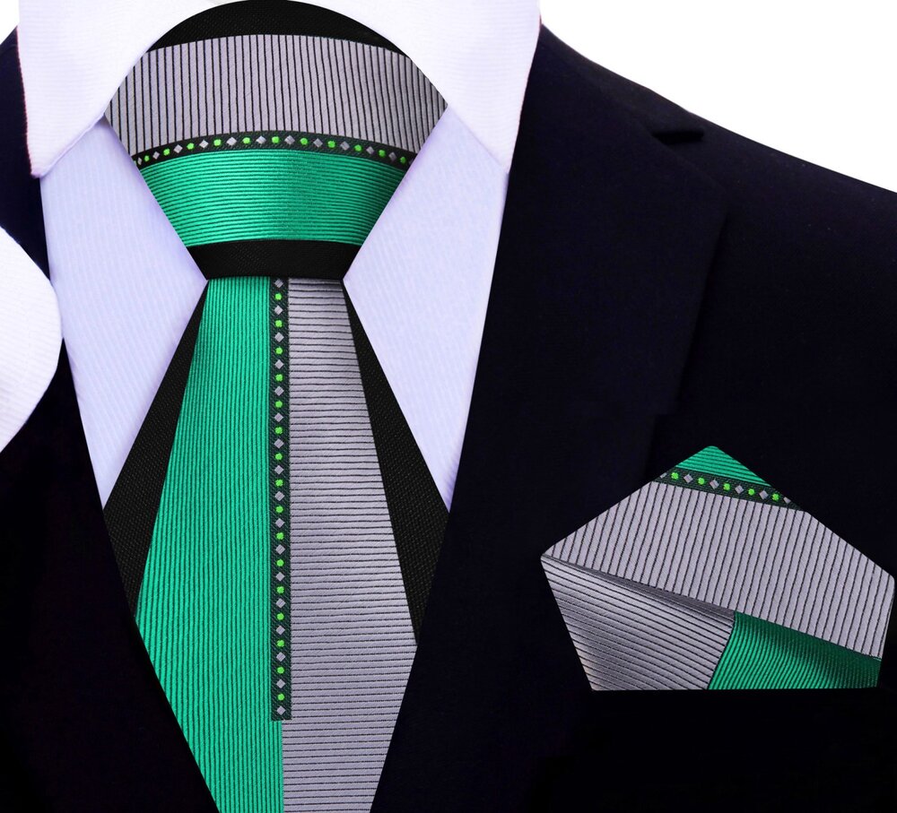 Green, Silver, Black Geometric Tie and Pocket Square||Green, Silver, Black