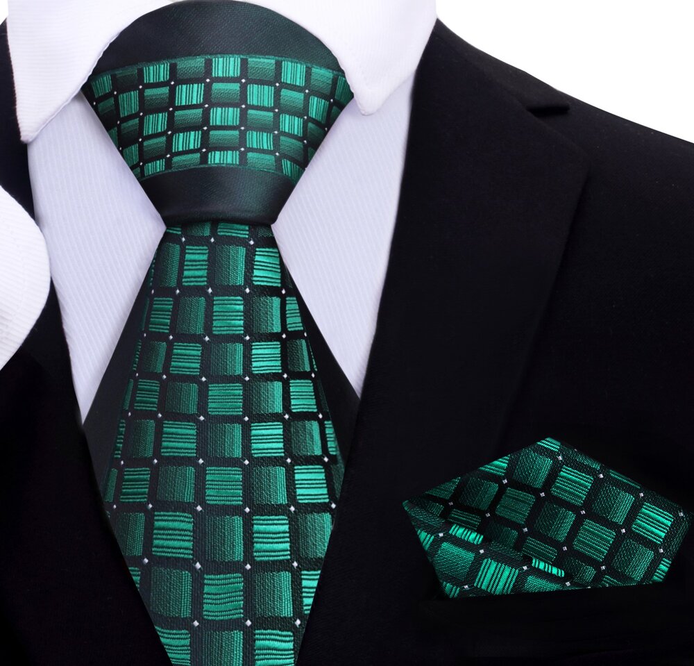 Green Geometric Tie and Pocket Square