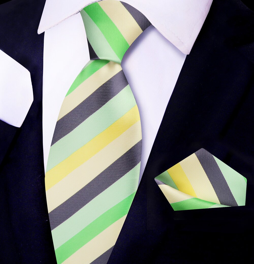 Green, Yellow, Grey Stripe Tie 1