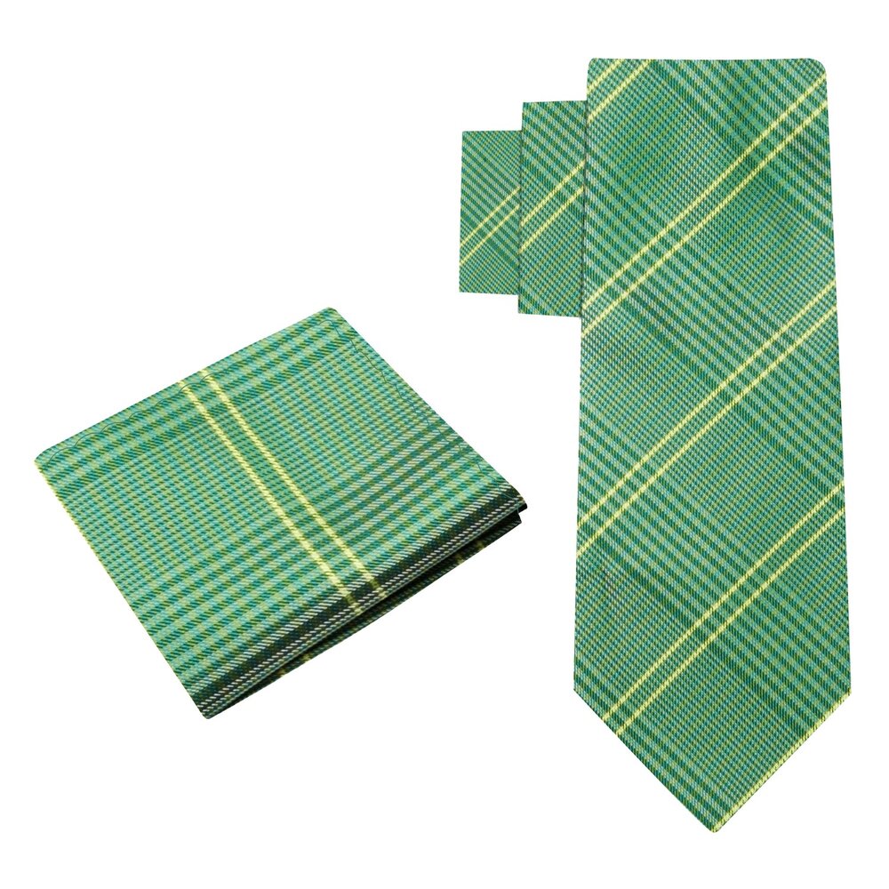 Alt View: A Light Green, Green, Yellow Plaid Pattern Silk Necktie With Matching Pocket Square|