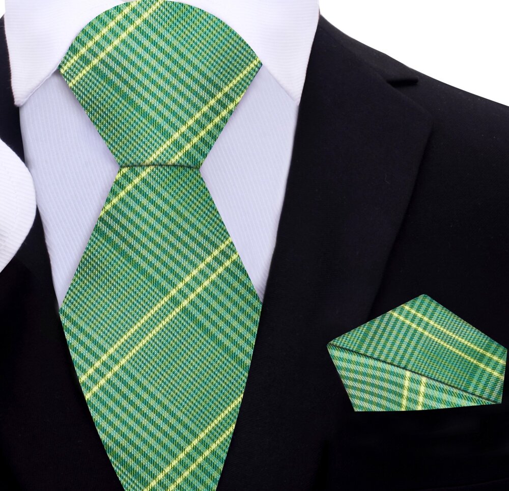 A Light Green, Green, Yellow Plaid Pattern Silk Necktie With Matching Pocket Square||Green, Yellow