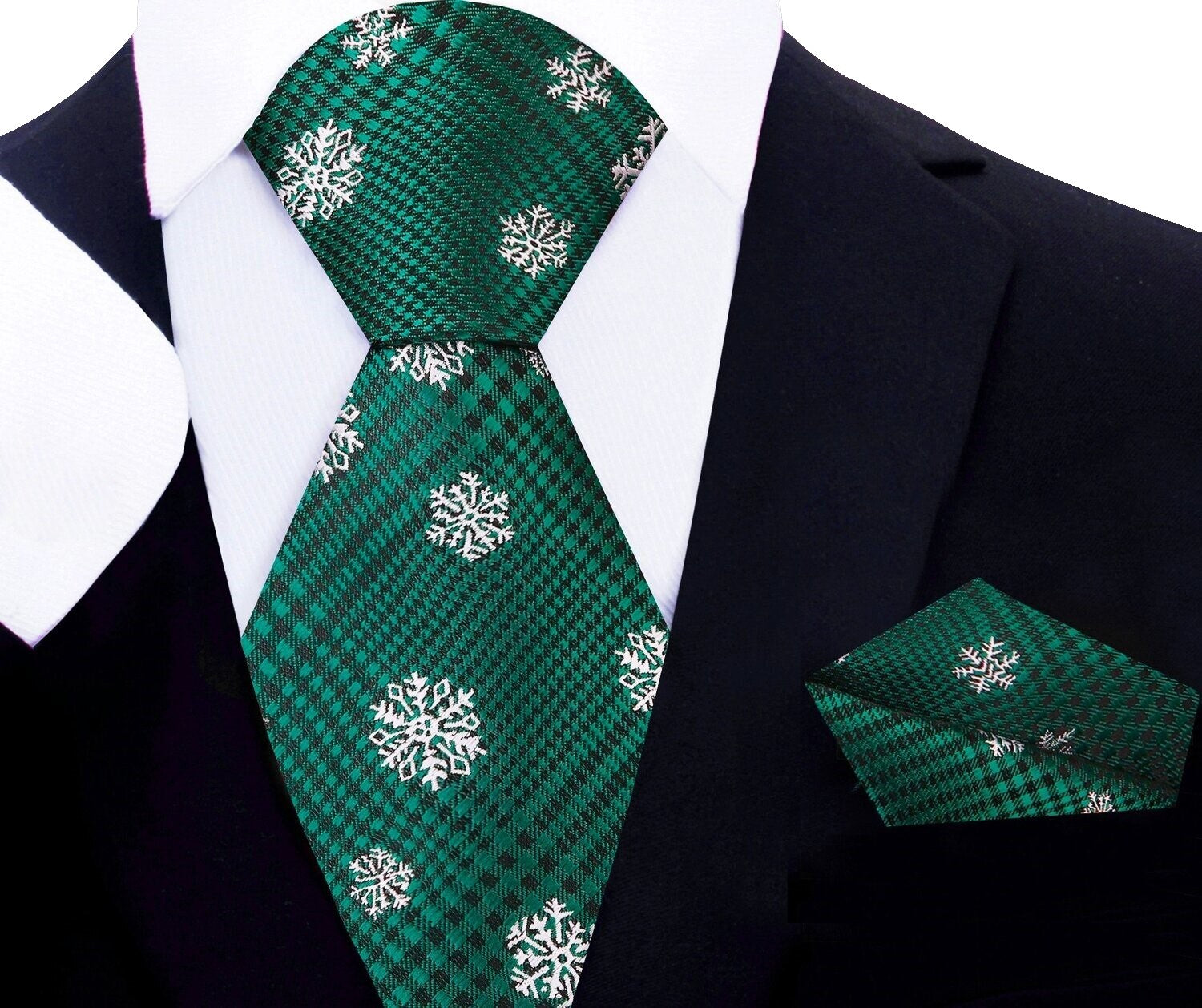 Green White Snowflake Tie and Pocket Square