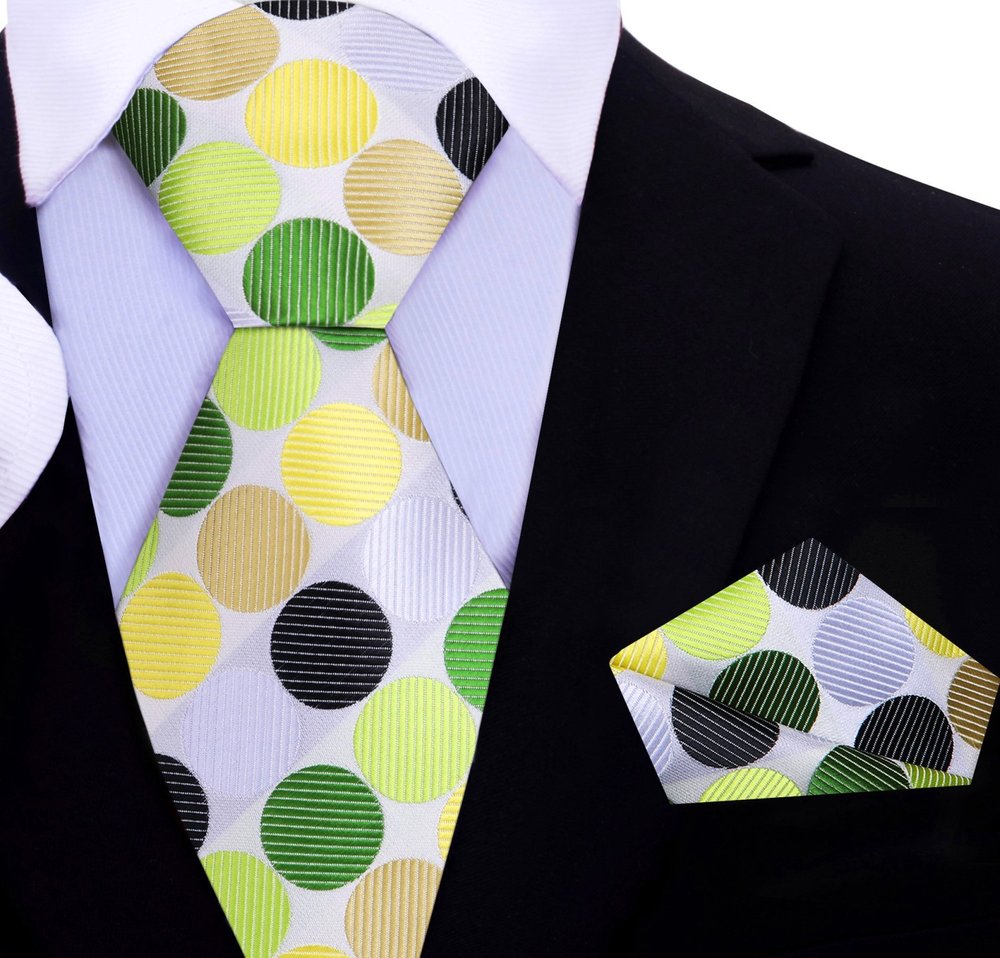 White, Green, Light Green Polka Tie and Pocket Square