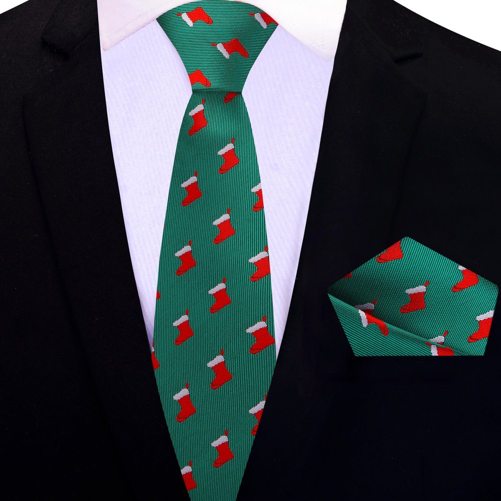 Thin Tie: Green Red Christmas Stockings Tie and Pocket Square||Green