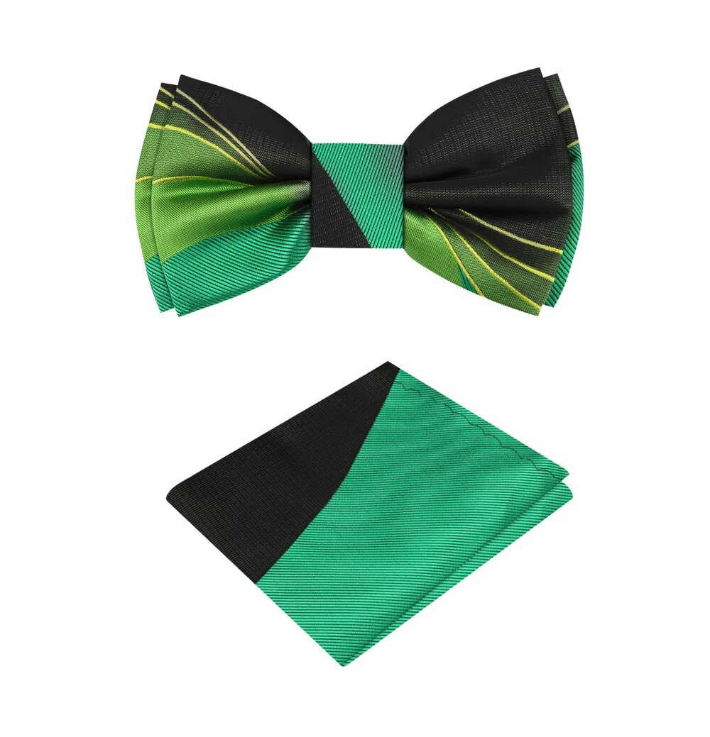 Green Seam Route Bow Tie and Pocket Square||Dark Green, Green, Yellow Gold