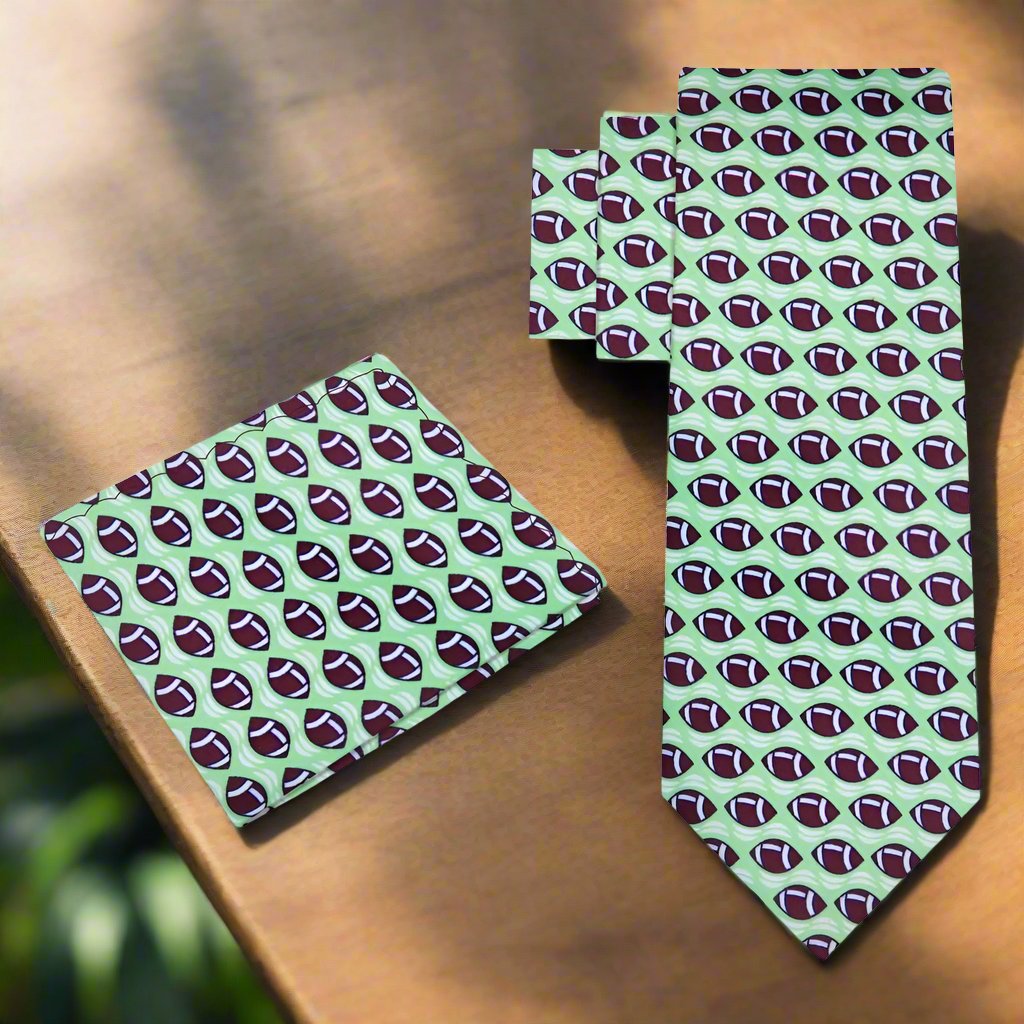 Alt View: Green Brown Football Tie and Pocket Square