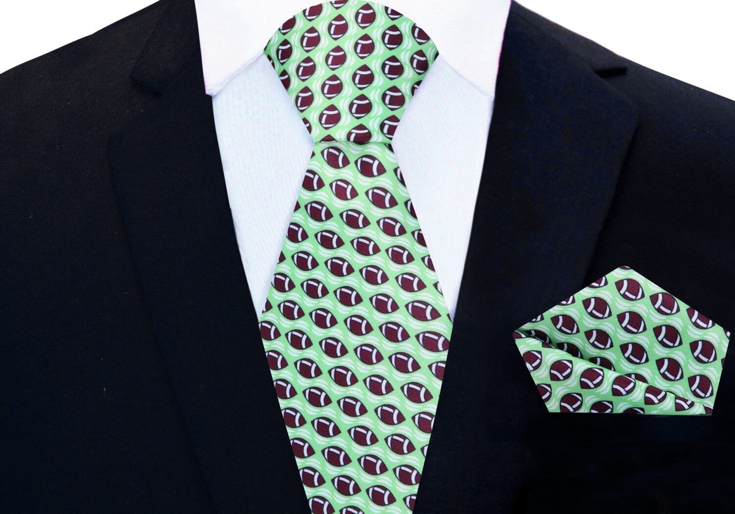 Main View: Green Brown Football Tie and Pocket Square