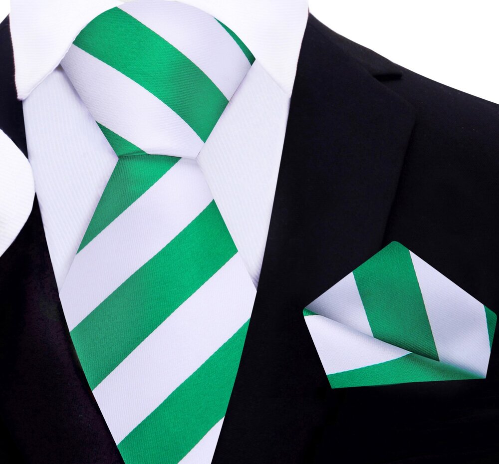 Green, White Block Stripe Tie and Square