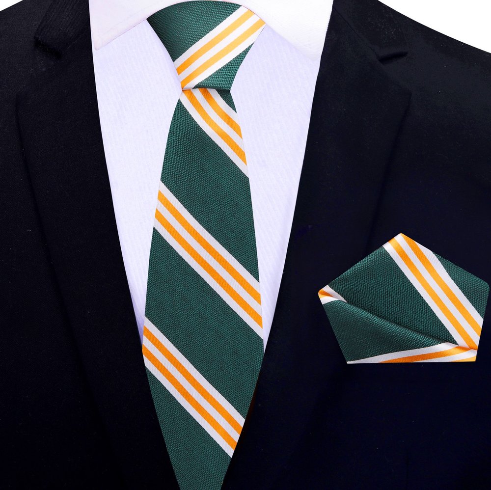 Green, Yellow Gold Stripe Thin Tie and Square||Green