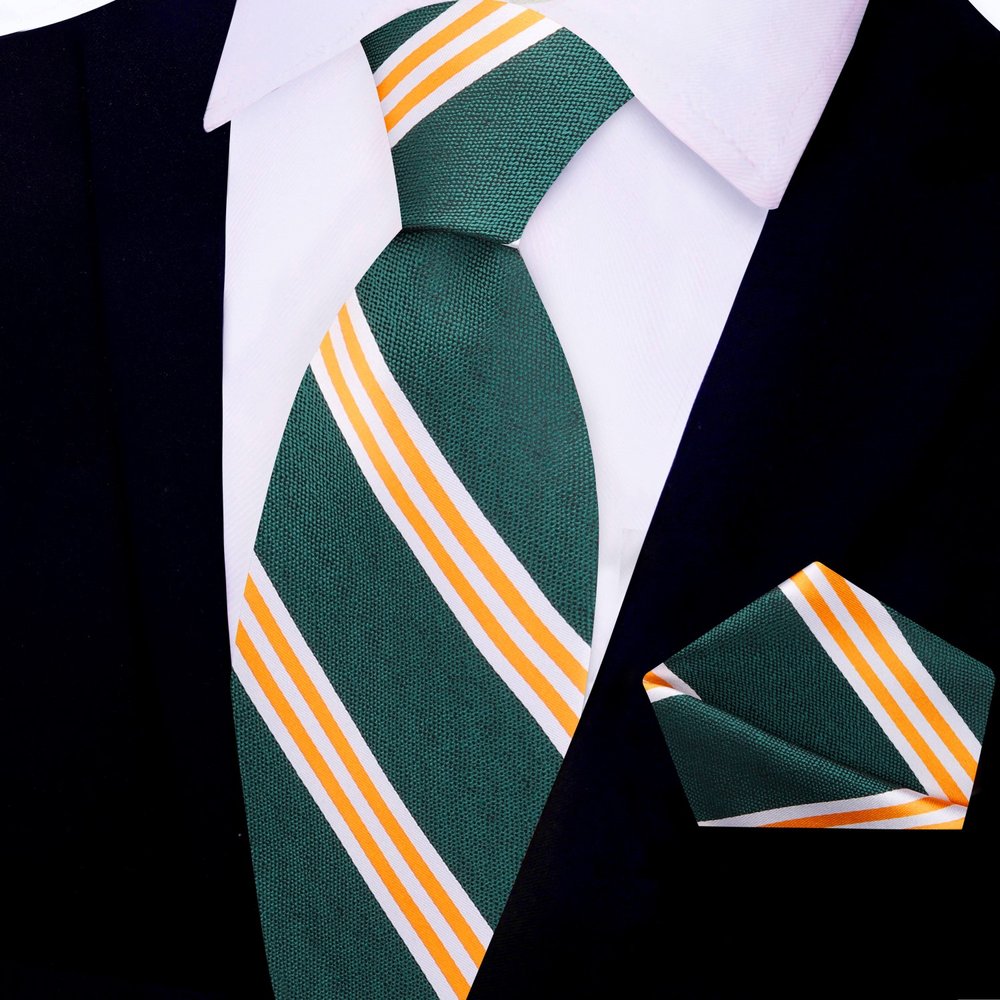 Green, Yellow Gold Stripe Tie and Square||Green