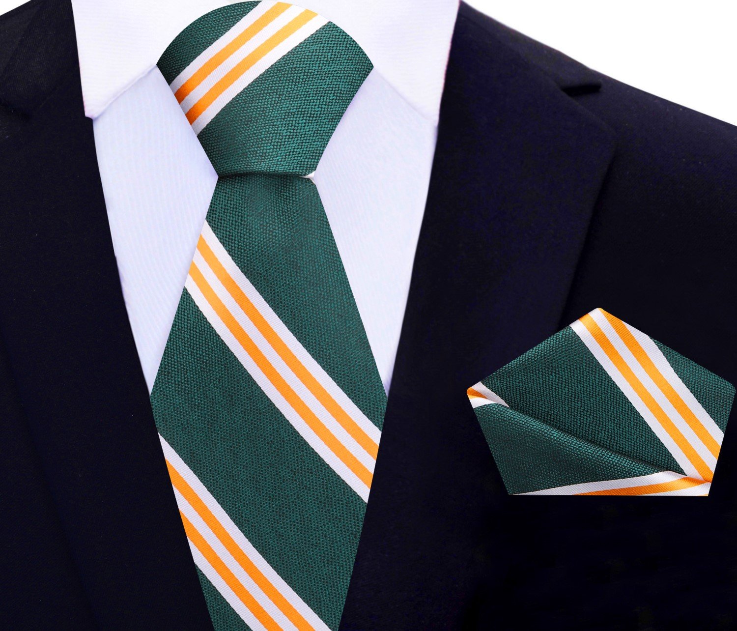 Main View: Green, Yellow Gold Stripe Tie and Square