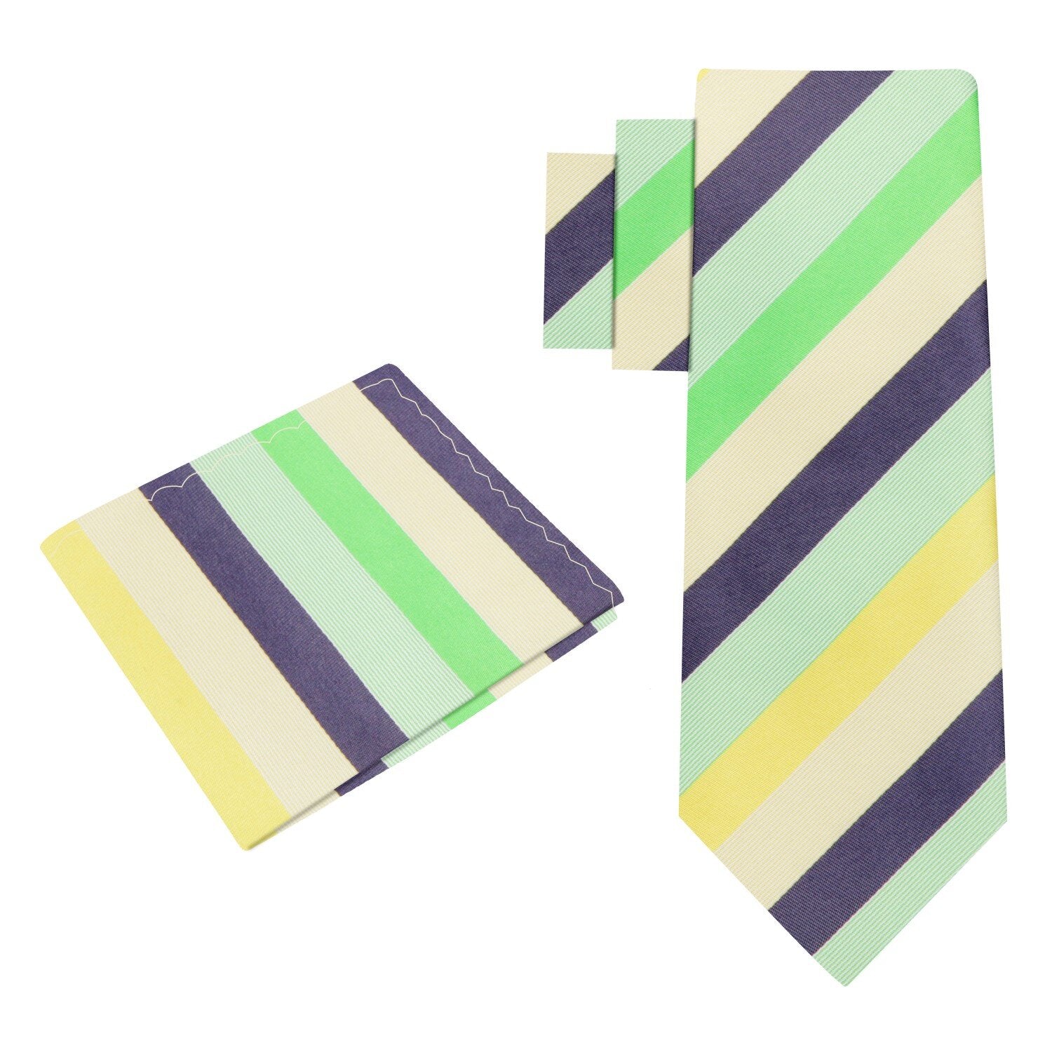 Alt view: Green, Yellow, Grey Stripe Tie and Pocket Square