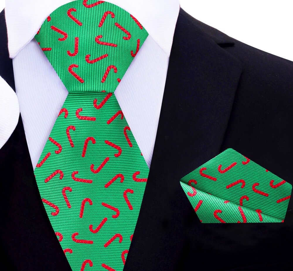Green Silk with Red Candy Cane Tie and Square