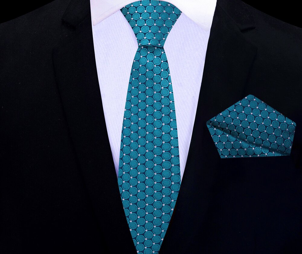 Teal, Blue Circles Thin Tie and Square||Teal Green