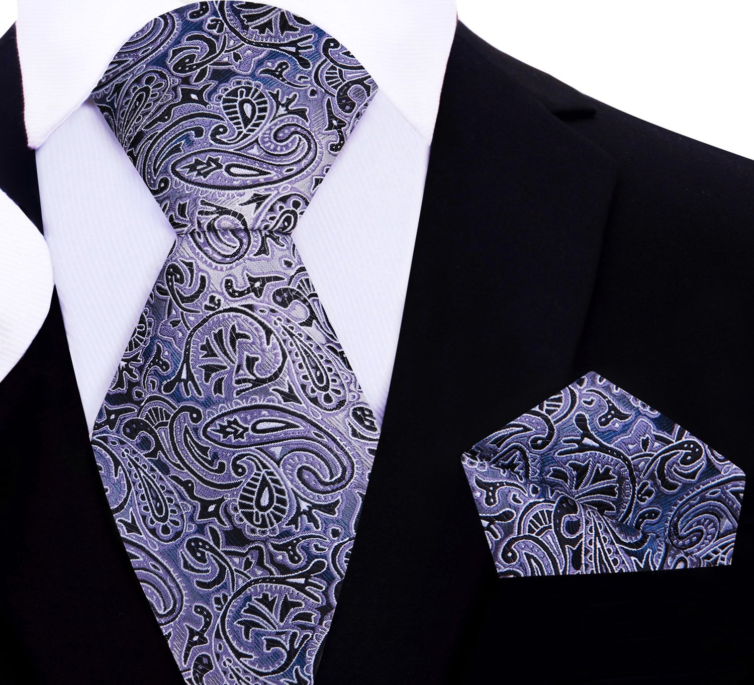 A Black, Grey Paisley Pattern Silk Necktie, Matching Pocket Square