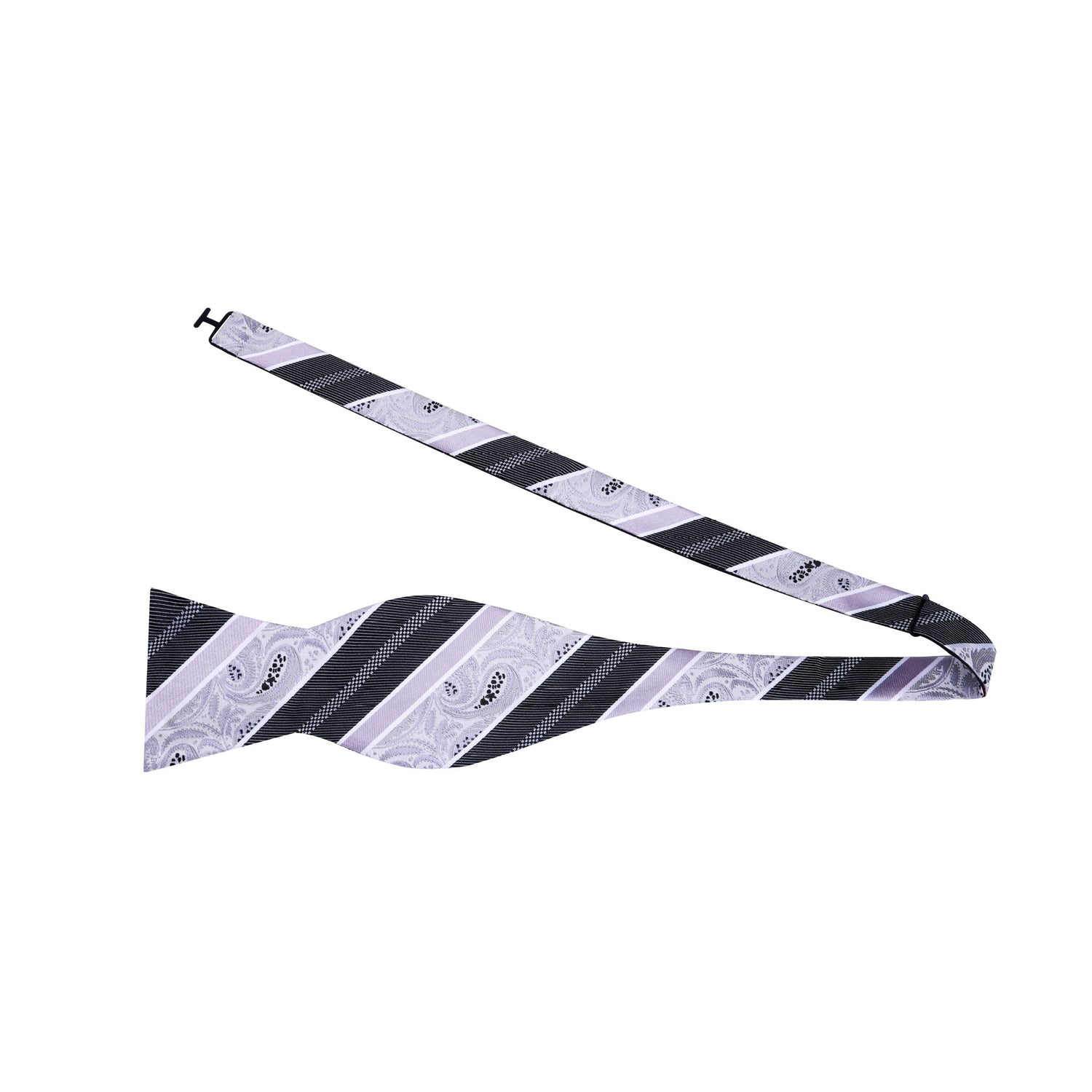 A Light Grey, Grey Stripe and Paisley Pattern Silk Self Tie Bow Tie Untied