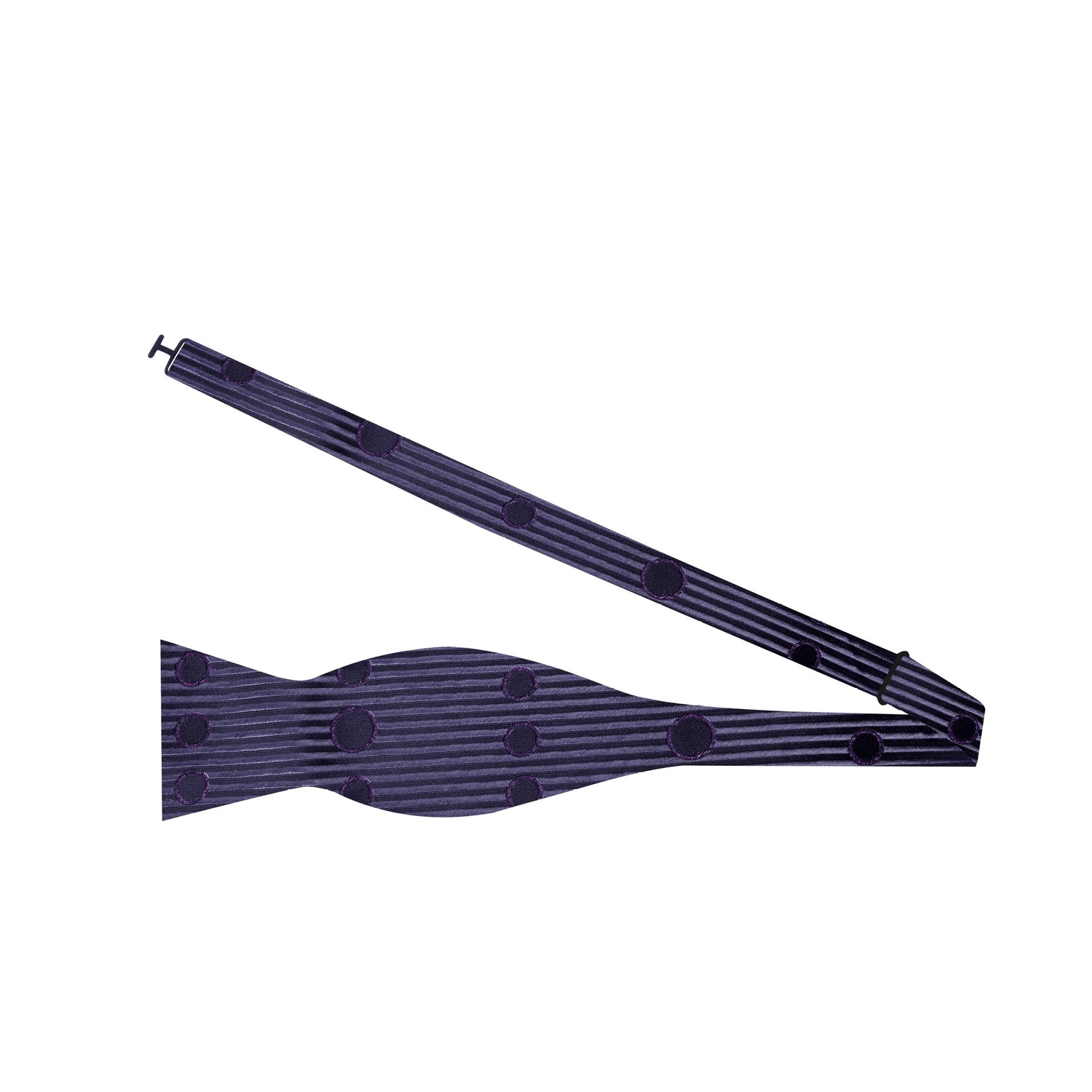 A Black, Grey, Metallic Purple Abstract Lines and Circles Pattern Silk Self Tie Bow Tie Untied