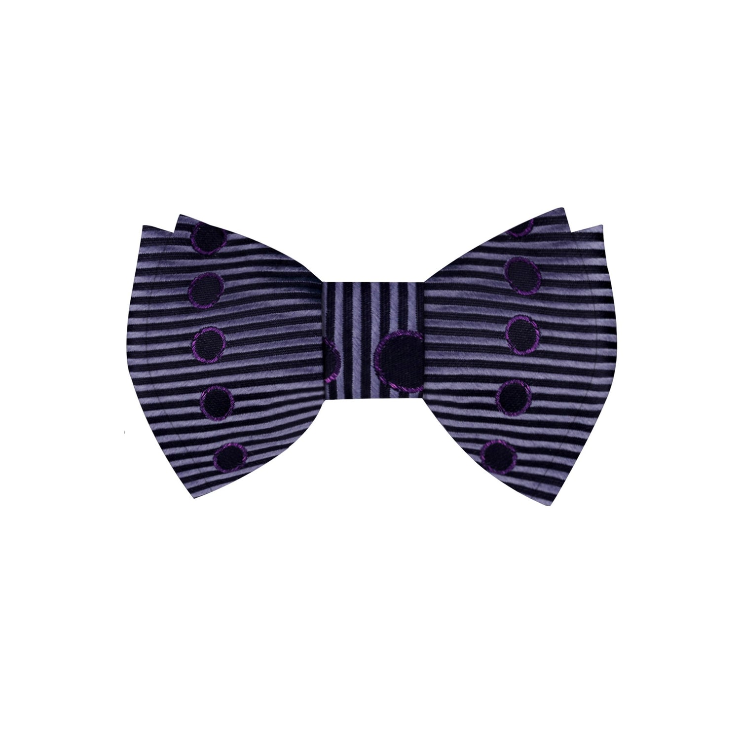 A Black, Grey, Metallic Purple Abstract Lines and Circles Pattern Silk Self Tie Bow Tie 