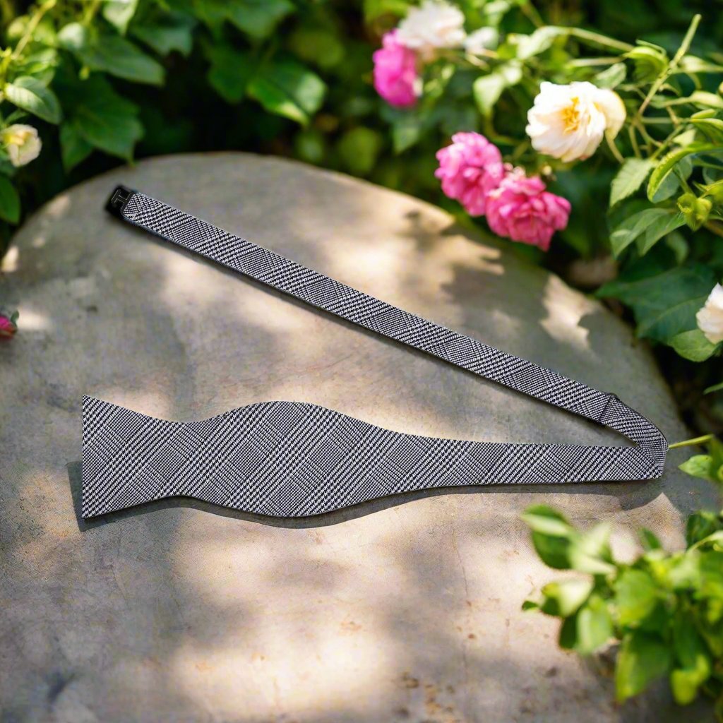 Grey, Black Stanford Plaid Self Tie Bow Tie