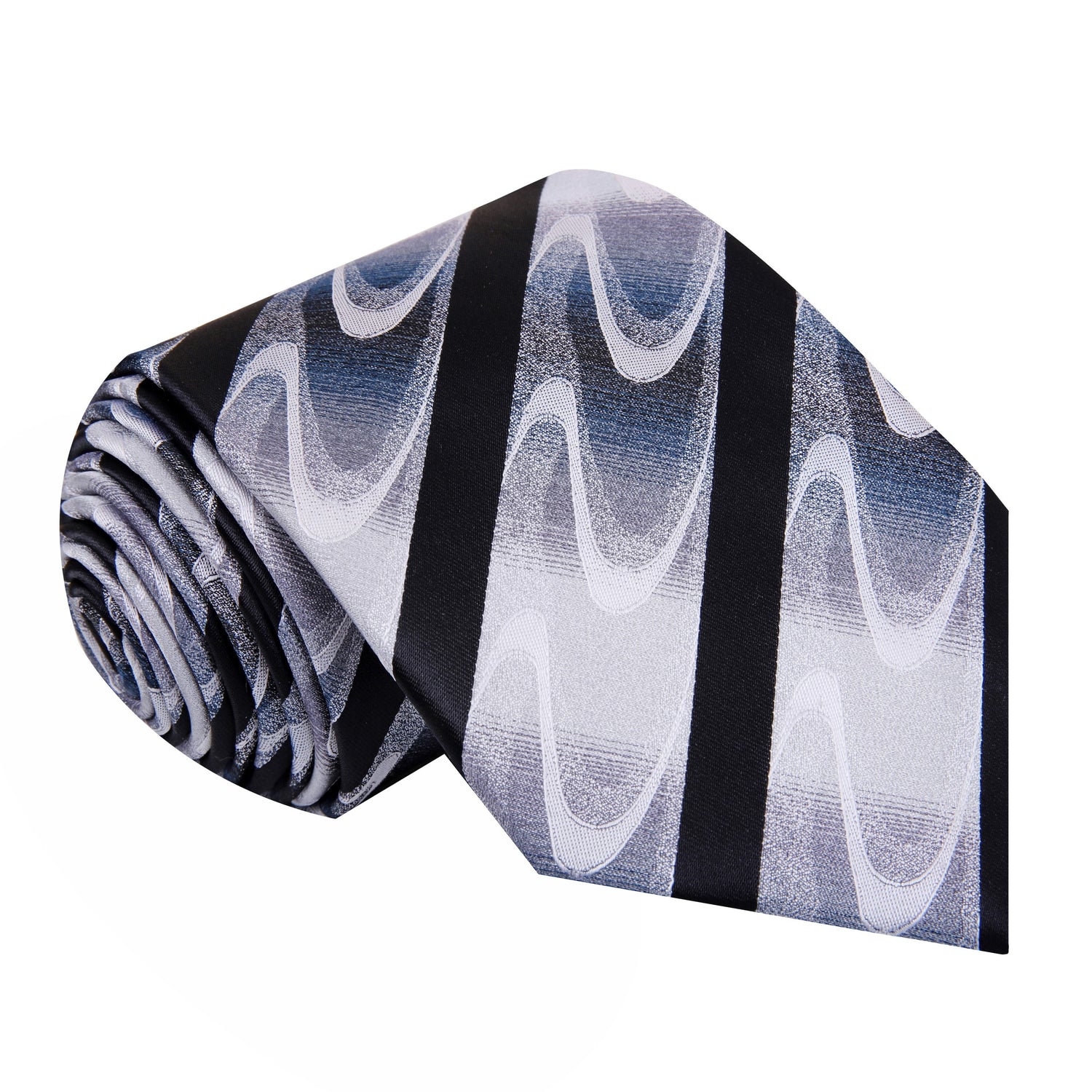 A Black, White, Grey With Abstract Wave And Black Stripe Pattern Silk Necktie 