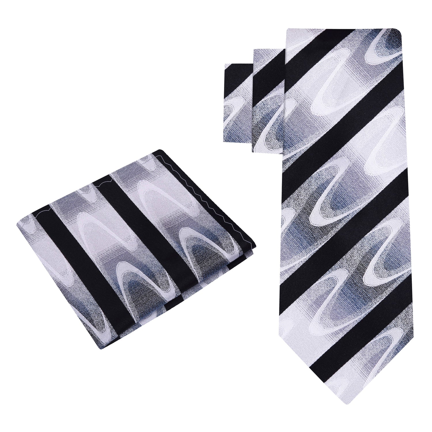 Alt View; A Black, White, Grey With Abstract Wave And Black Stripe Pattern Silk Necktie, Pocket Square