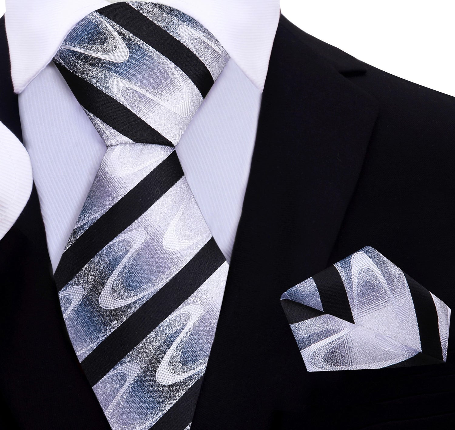 A Black, White, Grey With Abstract Wave And Black Stripe Pattern Silk Necktie, Pocket Square