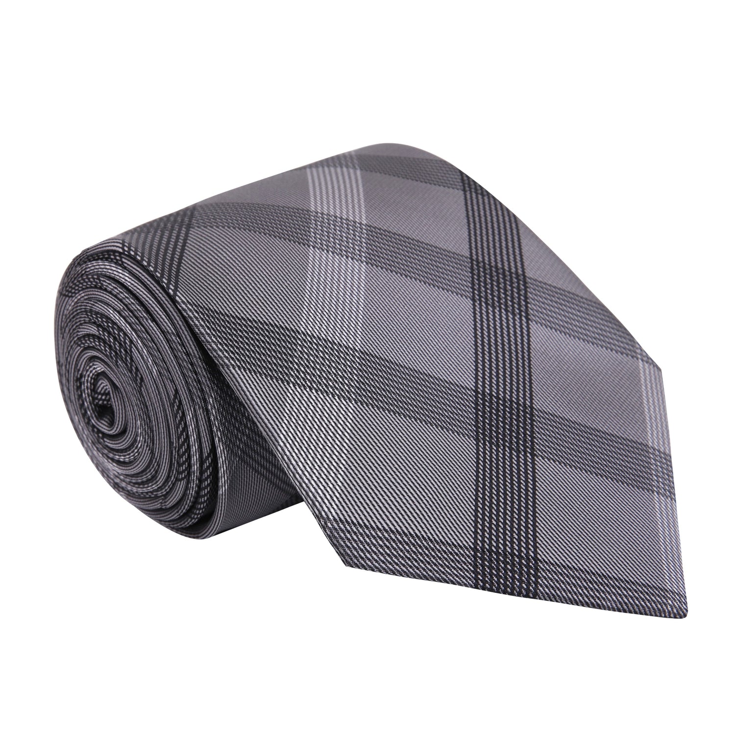 A Grey, Black, White Plaid Pattern Silk Necktie 