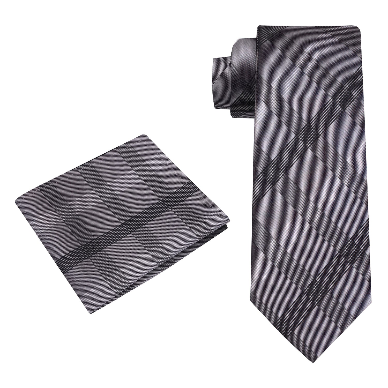 Alt View; A Grey, Black, White Plaid Pattern Silk Necktie, Matching Pocket Square