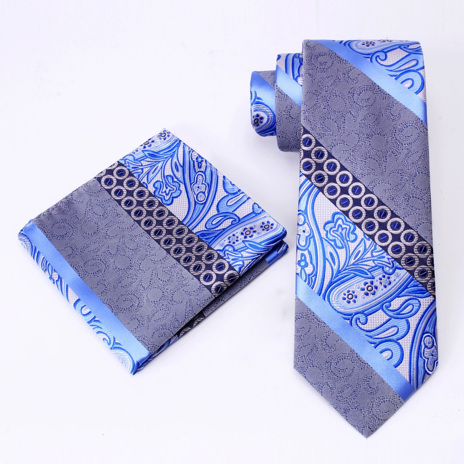 Alt view: Blue Grey Abstract Paisley Tie and Pocket Square