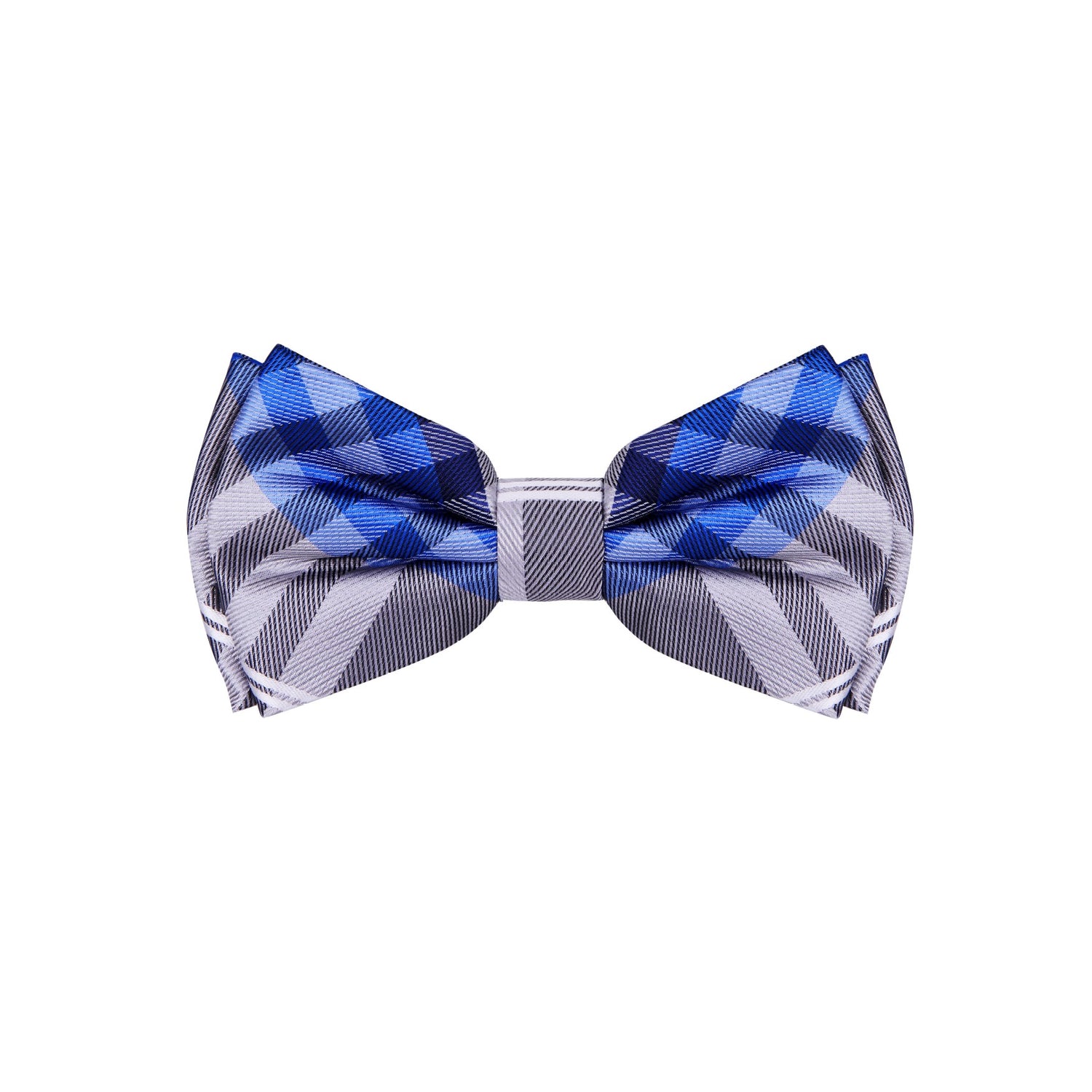 A Grey, Blue, Black, White, Plaid Pattern Silk Self Tie Bow Tie 