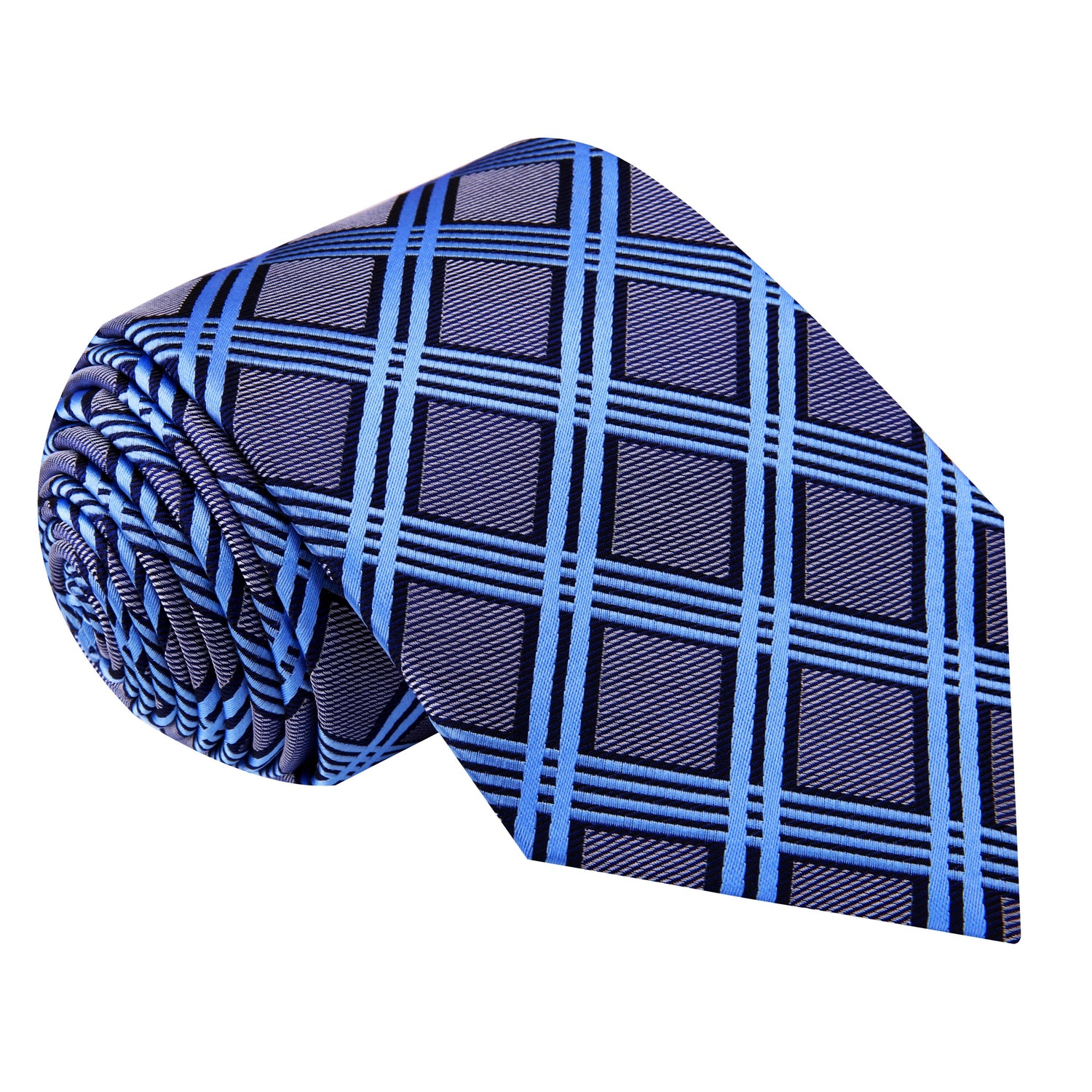 A Grey With Light Blue Intersecting Lines Pattern Silk Necktie