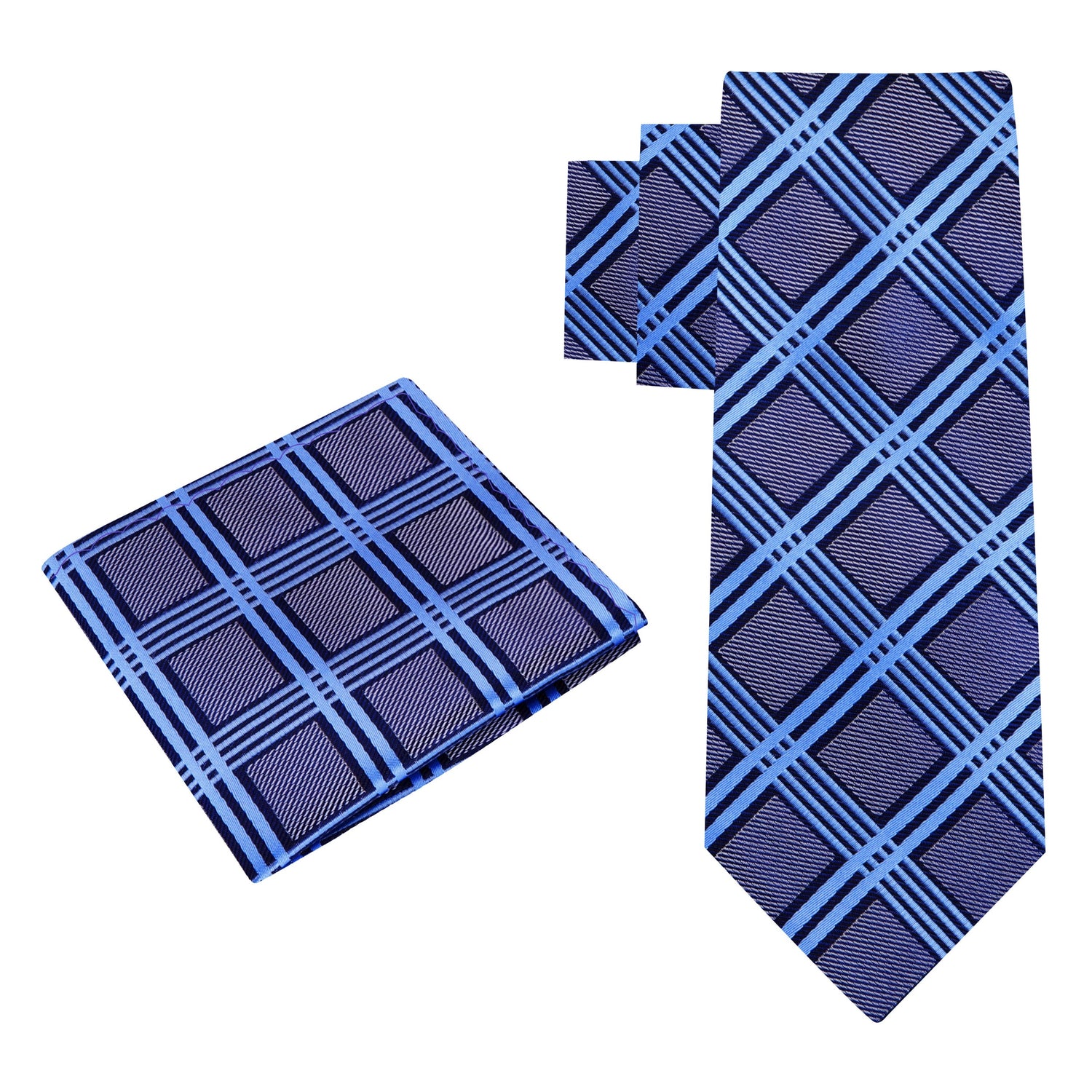Alt View: A Grey With Light Blue Intersecting Lines Pattern Silk Necktie, Matching Pocket Square
