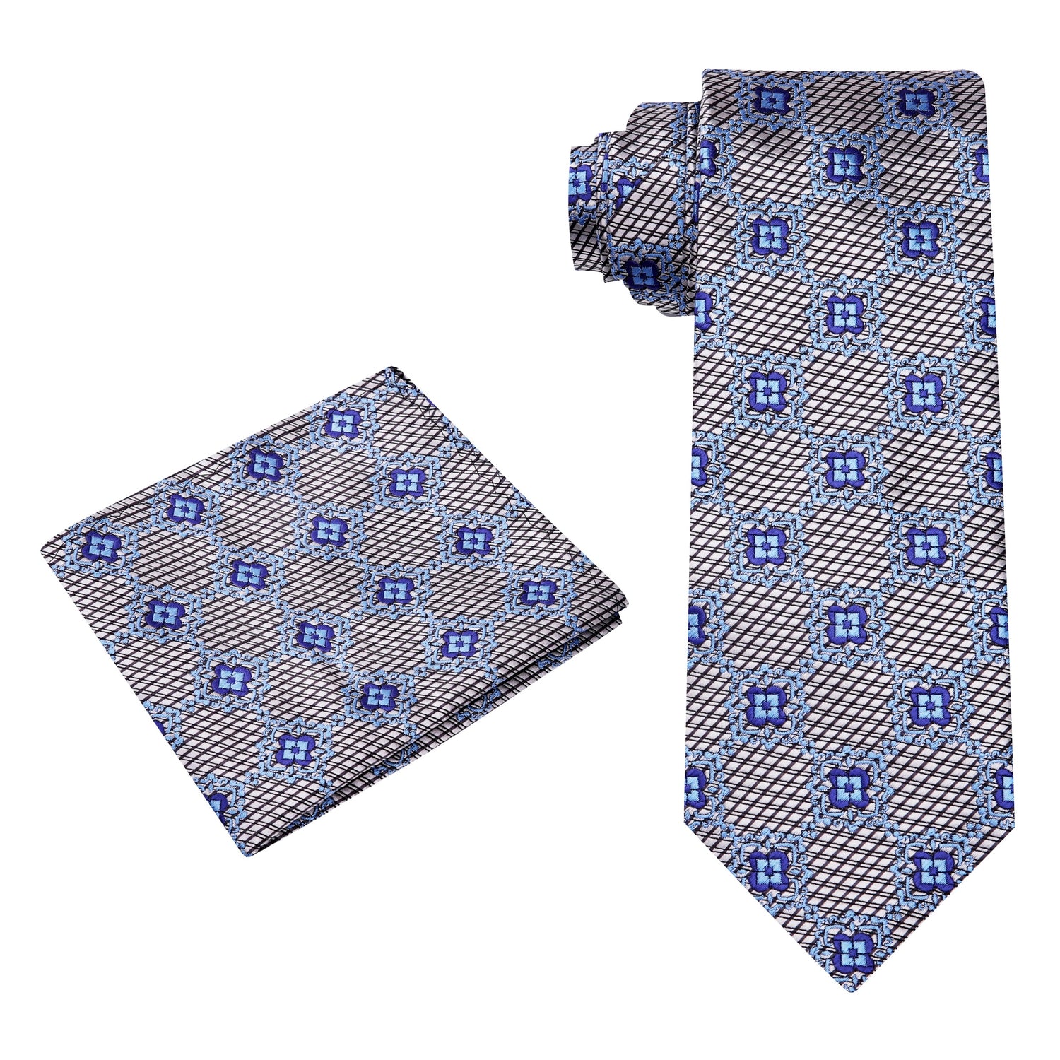 Alt View: A Silver, Blue Geometric Background With Small Flowers Pattern Silk Necktie, Matching Pocket Square