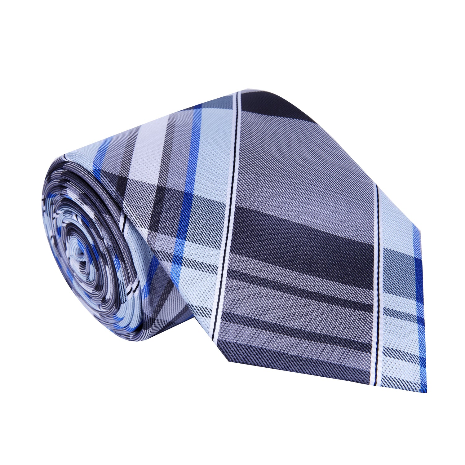 A Grey, Light Blue, White Plaid Pattern Silk Necktie 