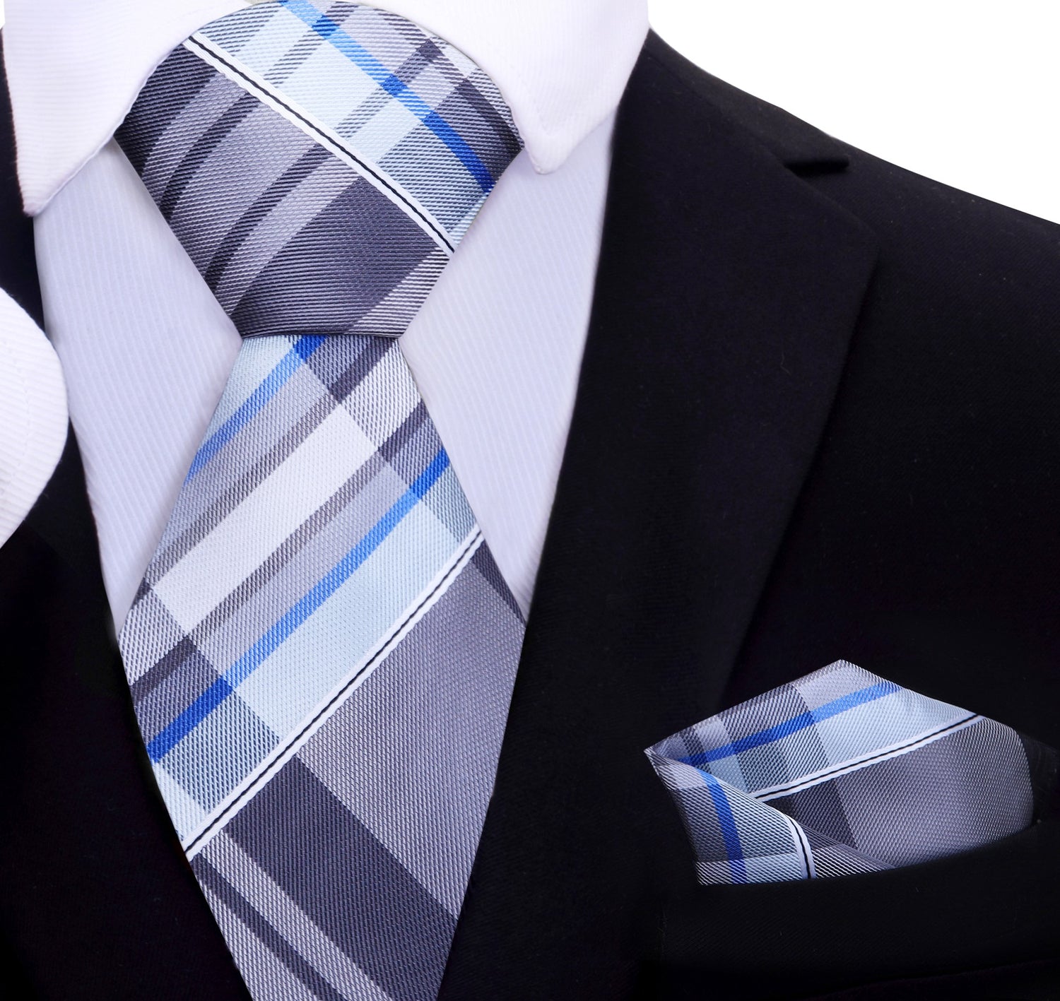 A Grey, Light Blue, White Plaid Pattern Silk Necktie, Pocket Square