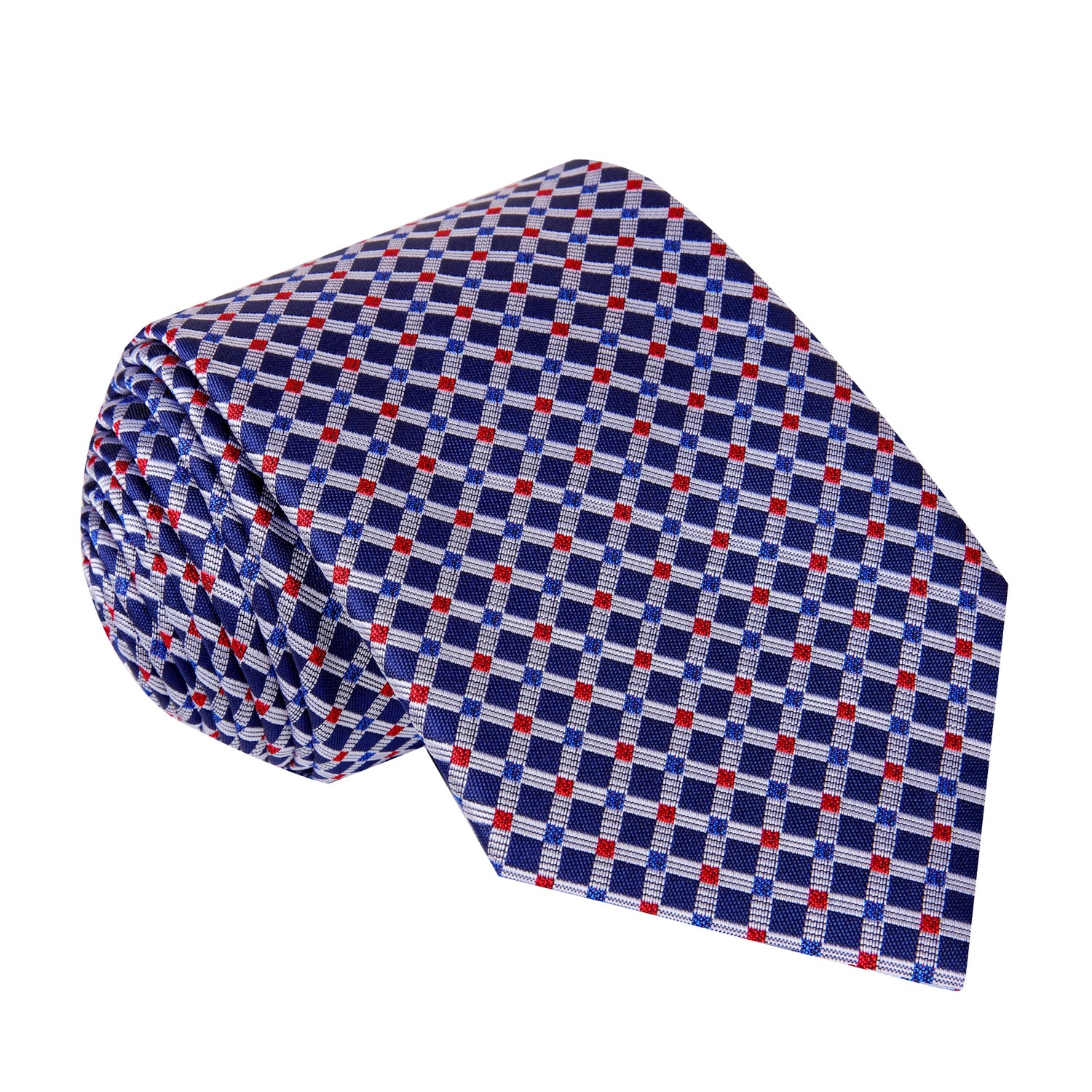 A Red, Blue, Grey Small Geometric Check Pattern Silk Necktie