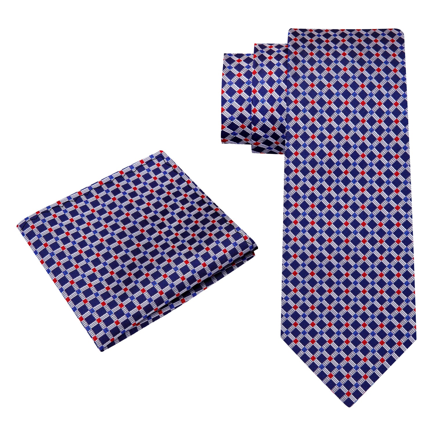 Alt View: A Red, Blue, Grey Small Geometric Check Pattern Silk Necktie, Matching Silk Pocket Square