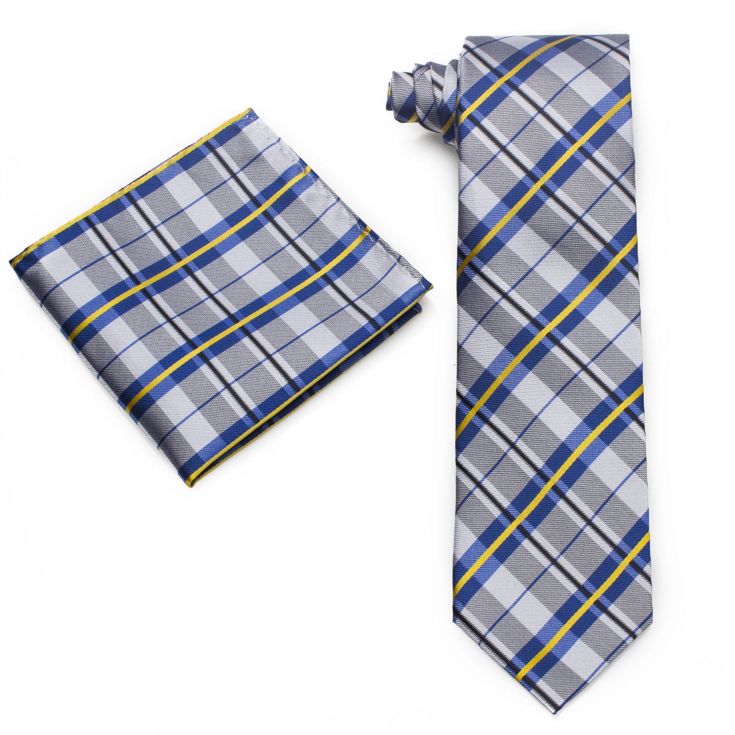 Alt View: A Grey, Yellow, Blue Plaid Pattern Silk Necktie, Matching Pocket Square