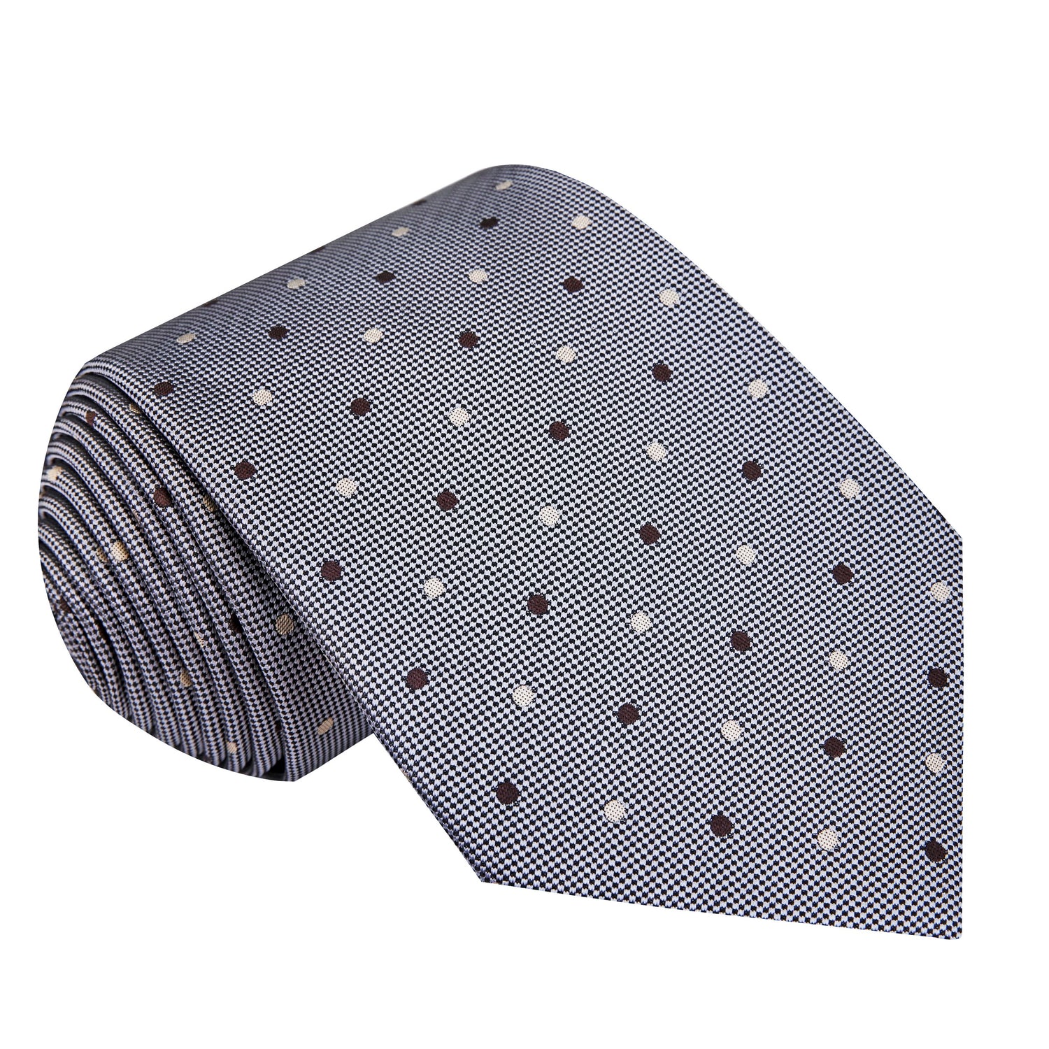 Grey with brown and cream polka tie 