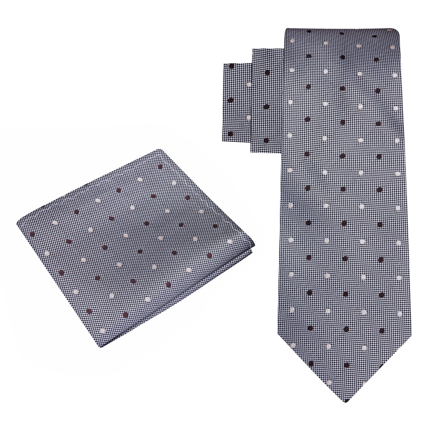 Alt View: Grey with brown and cream polka tie and pocket square