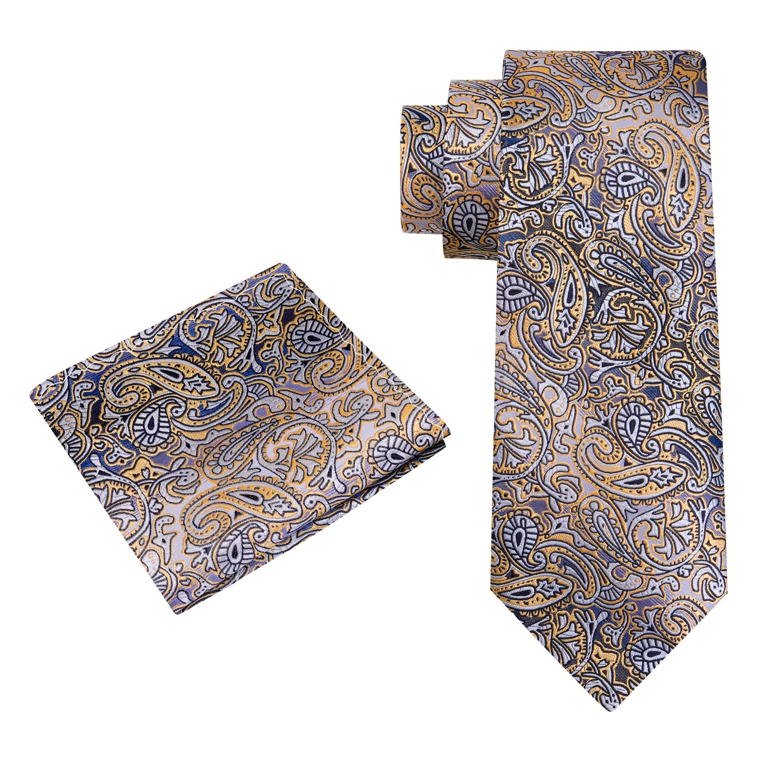 Alt view: A Black, Tan, Grey Paisley Pattern Silk Necktie, Matching Pocket Square