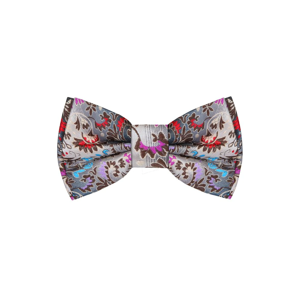 Grey, Brown, Blue, Red Floral Bow Tie